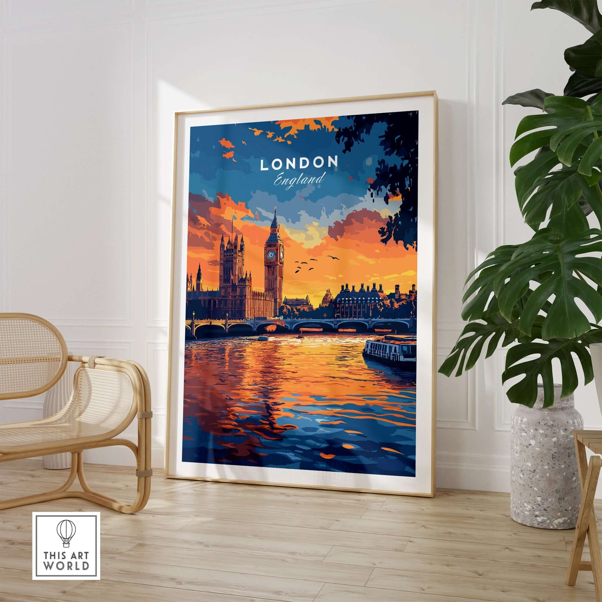 London Skyline Art | Big Ben & Houses of Parliament Print featuring vibrant sunset and Thames reflection.