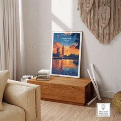 London Skyline Art | Big Ben & Houses of Parliament Print showcased in a stylish home setting with a warm sunset backdrop.