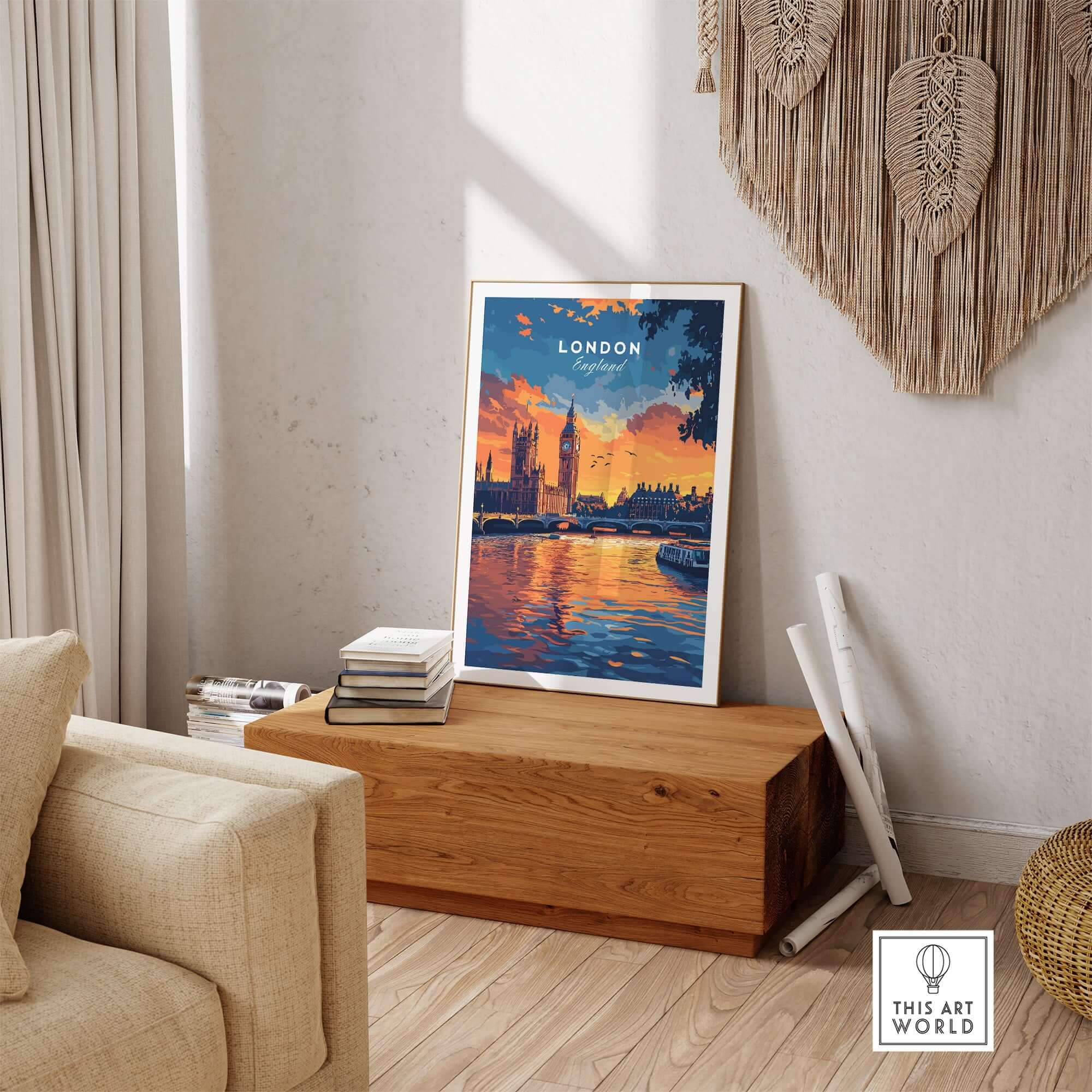 London Skyline Art | Big Ben & Houses of Parliament Print showcased in a stylish home setting with a warm sunset backdrop.