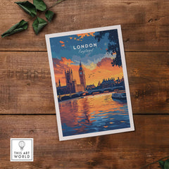 London Skyline Art | Big Ben & Houses of Parliament Print featuring vibrant sunset and Thames reflection.