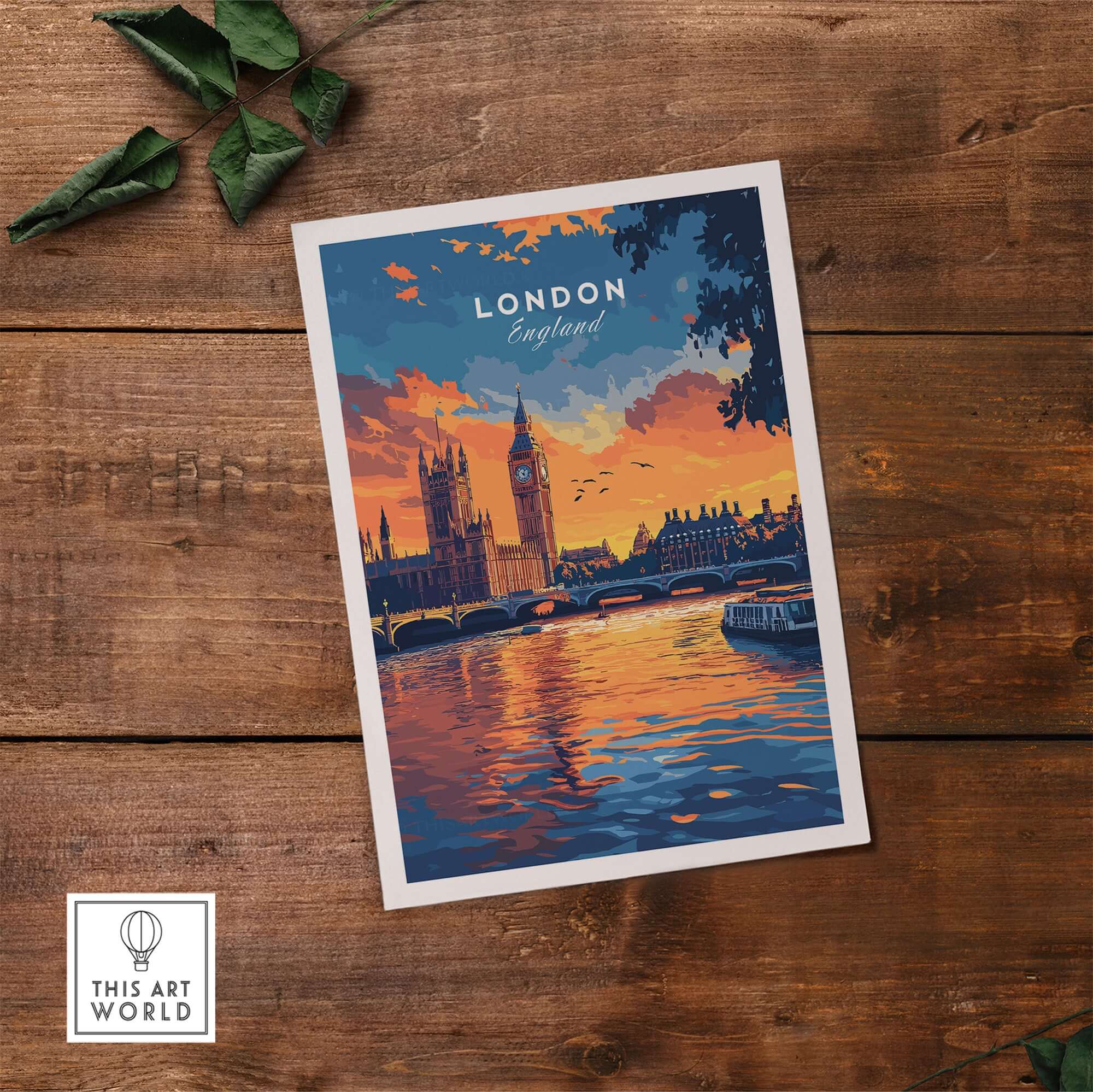 London Skyline Art | Big Ben & Houses of Parliament Print featuring vibrant sunset and Thames reflection.