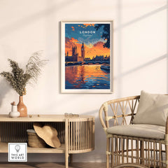 London Skyline Art | Big Ben & Houses of Parliament Print showcased in a modern interior setting with warm sunset shades.