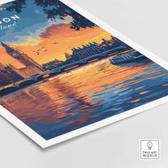 London Skyline Art | Big Ben & Houses of Parliament Print with vibrant sunset and Thames reflection