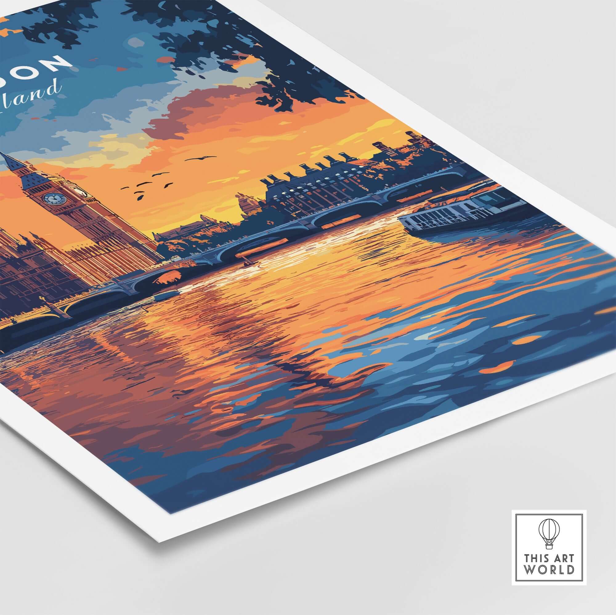 London Skyline Art | Big Ben & Houses of Parliament Print with vibrant sunset and Thames reflection