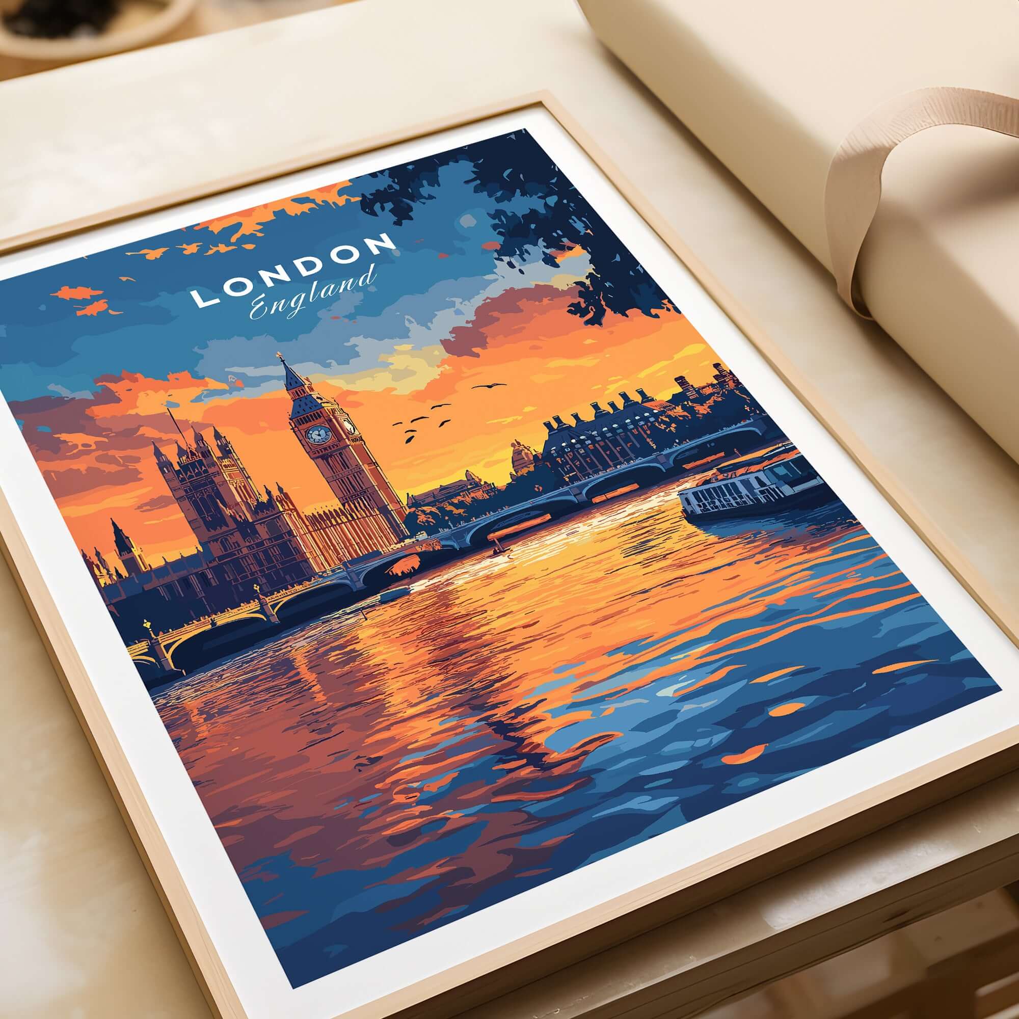 London Skyline Art | Big Ben & Houses of Parliament Print featuring a vibrant sunset over the Thames.