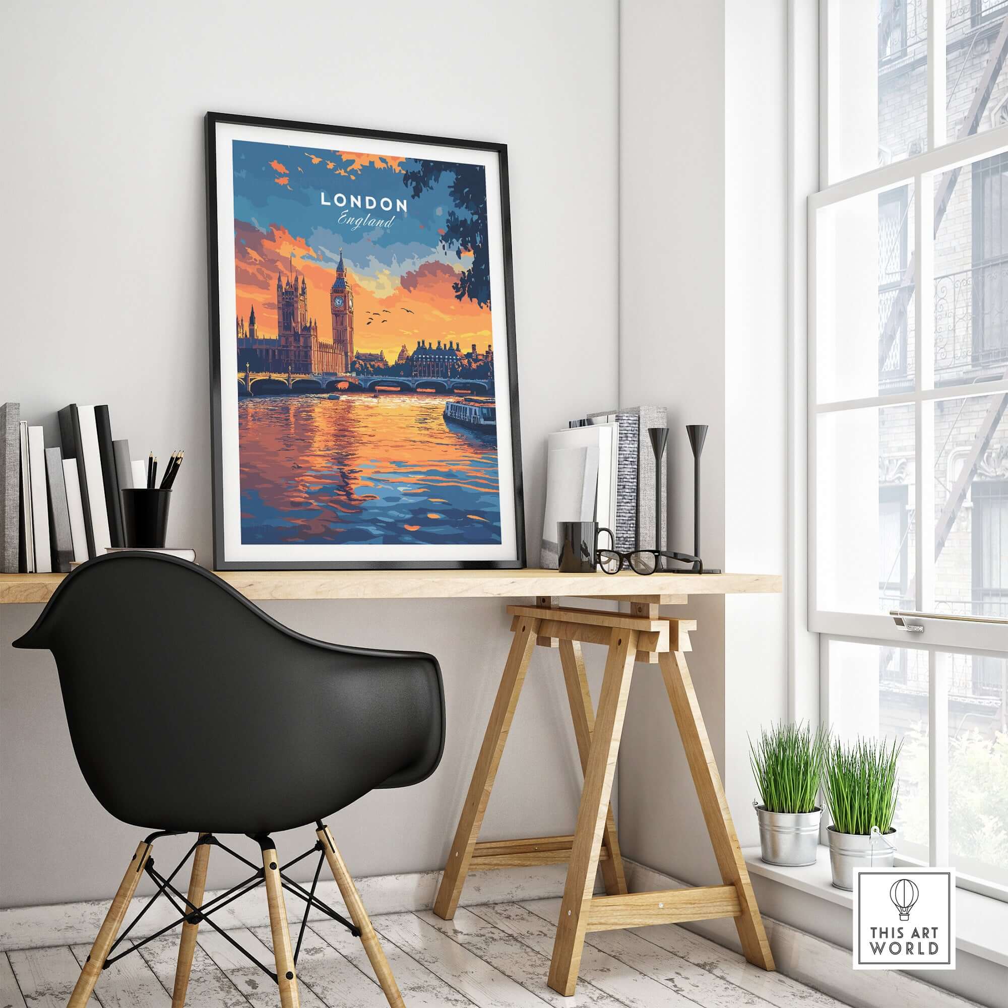 London Skyline Art | Big Ben & Houses of Parliament Print displayed in a modern interior with a stylish desk.