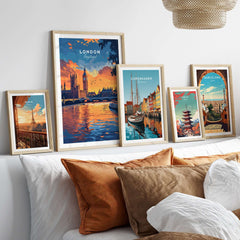 London Skyline Art | Big Ben & Houses of Parliament Print showcased in a cozy living room with other framed city prints.