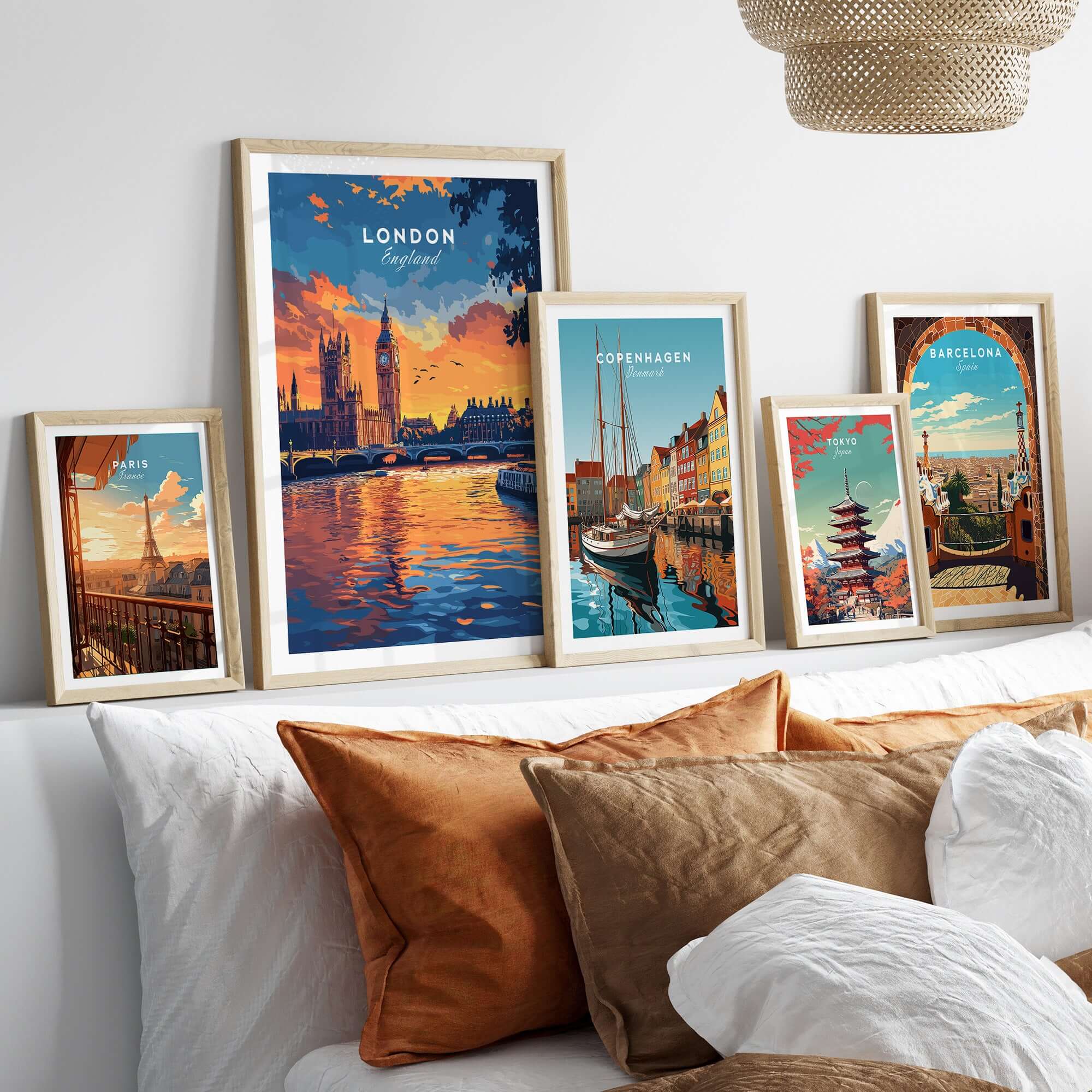 London Skyline Art | Big Ben & Houses of Parliament Print showcased in a cozy living room with other framed city prints.