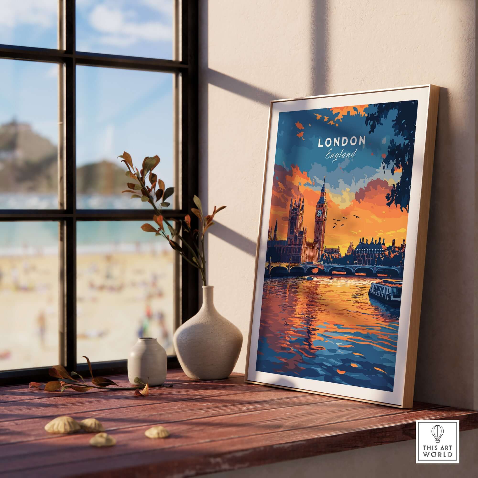 London Skyline Art | Big Ben & Houses of Parliament Print displayed on a shelf with a beach view.