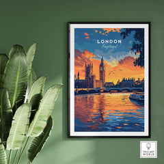 London Skyline Art | Big Ben & Houses of Parliament Print showcasing vibrant sunset over the Thames.