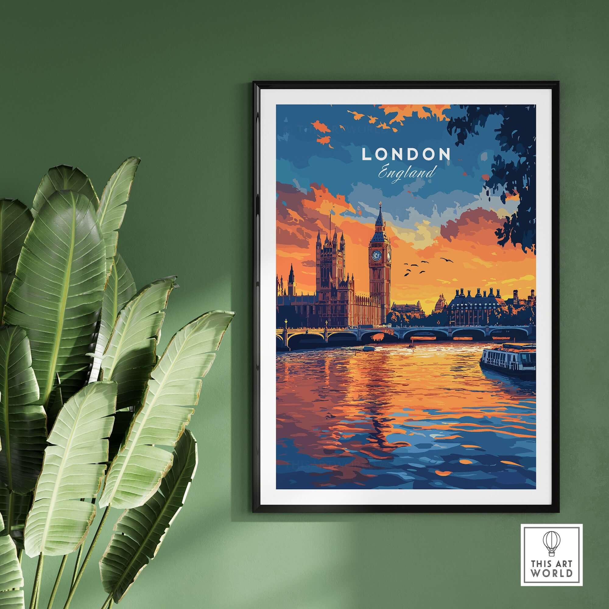 London Skyline Art | Big Ben & Houses of Parliament Print showcasing vibrant sunset over the Thames.
