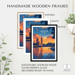 London Skyline Art | Big Ben & Houses of Parliament Print in handmade wooden frames, showcasing natural, white, and black options.