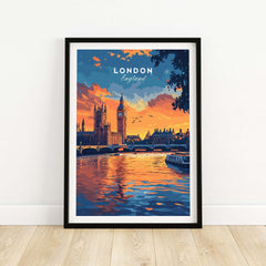 London Skyline Art | Big Ben & Houses of Parliament Print featuring vibrant sunset and Thames reflection