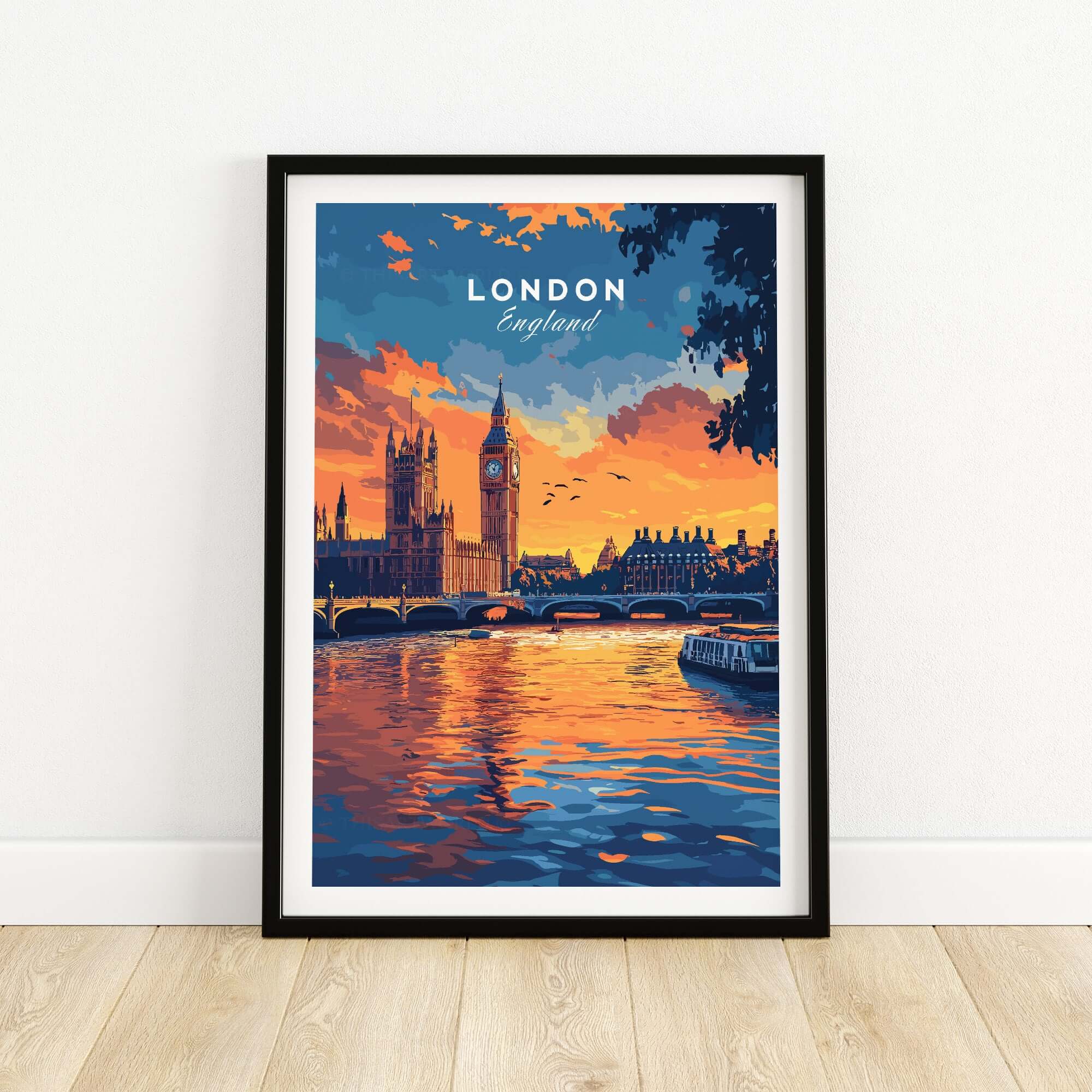 London Skyline Art | Big Ben & Houses of Parliament Print featuring vibrant sunset and Thames reflection