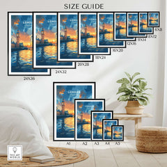 London Skyline Poster | Sunset Cityscape Wall Art Print size guide with various frame options on display.