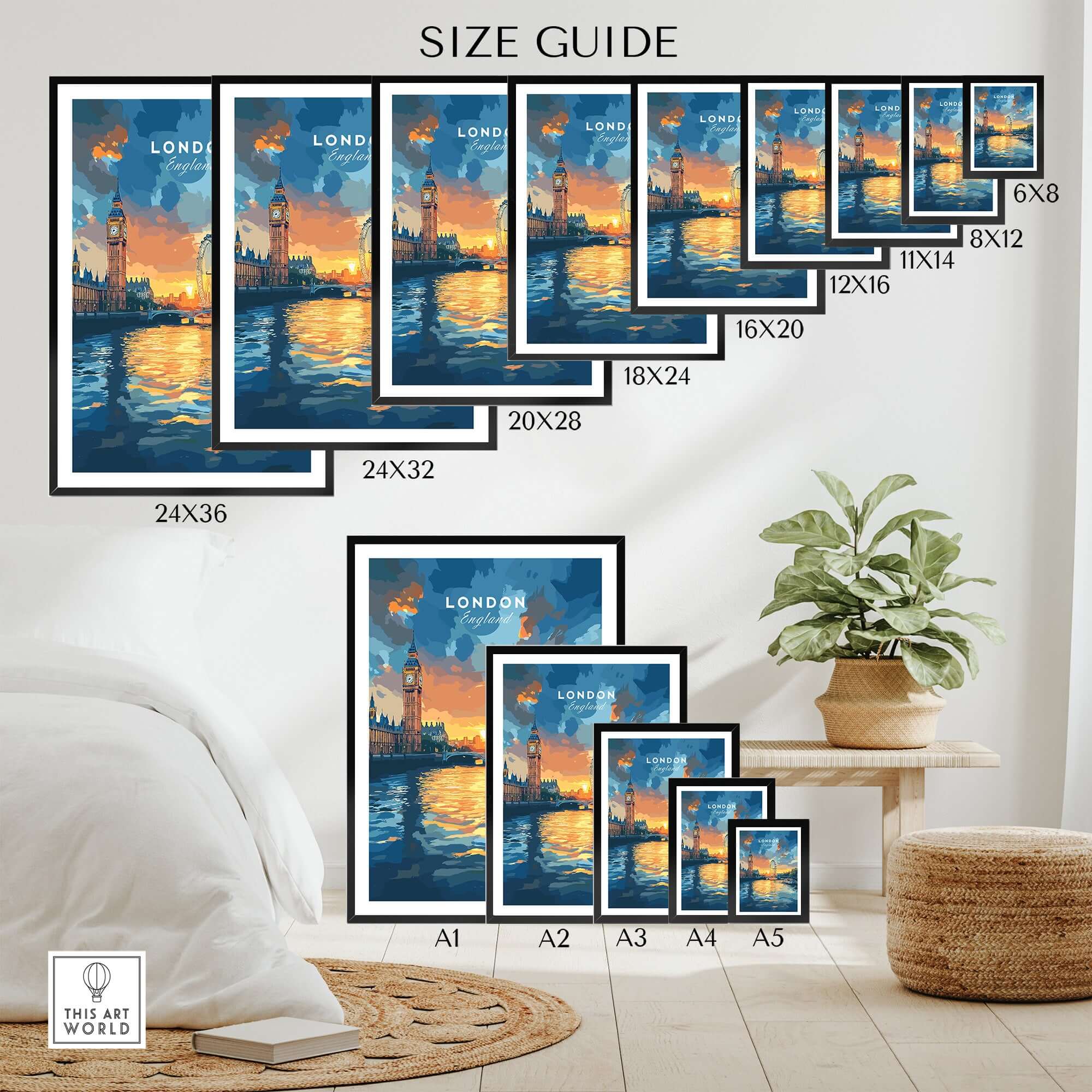 London Skyline Poster | Sunset Cityscape Wall Art Print size guide with various frame options on display.