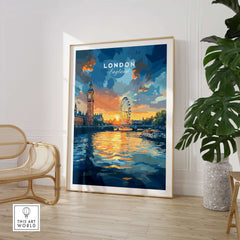 London Skyline Poster | Sunset Cityscape Wall Art Print featuring Big Ben and the London Eye by the Thames.