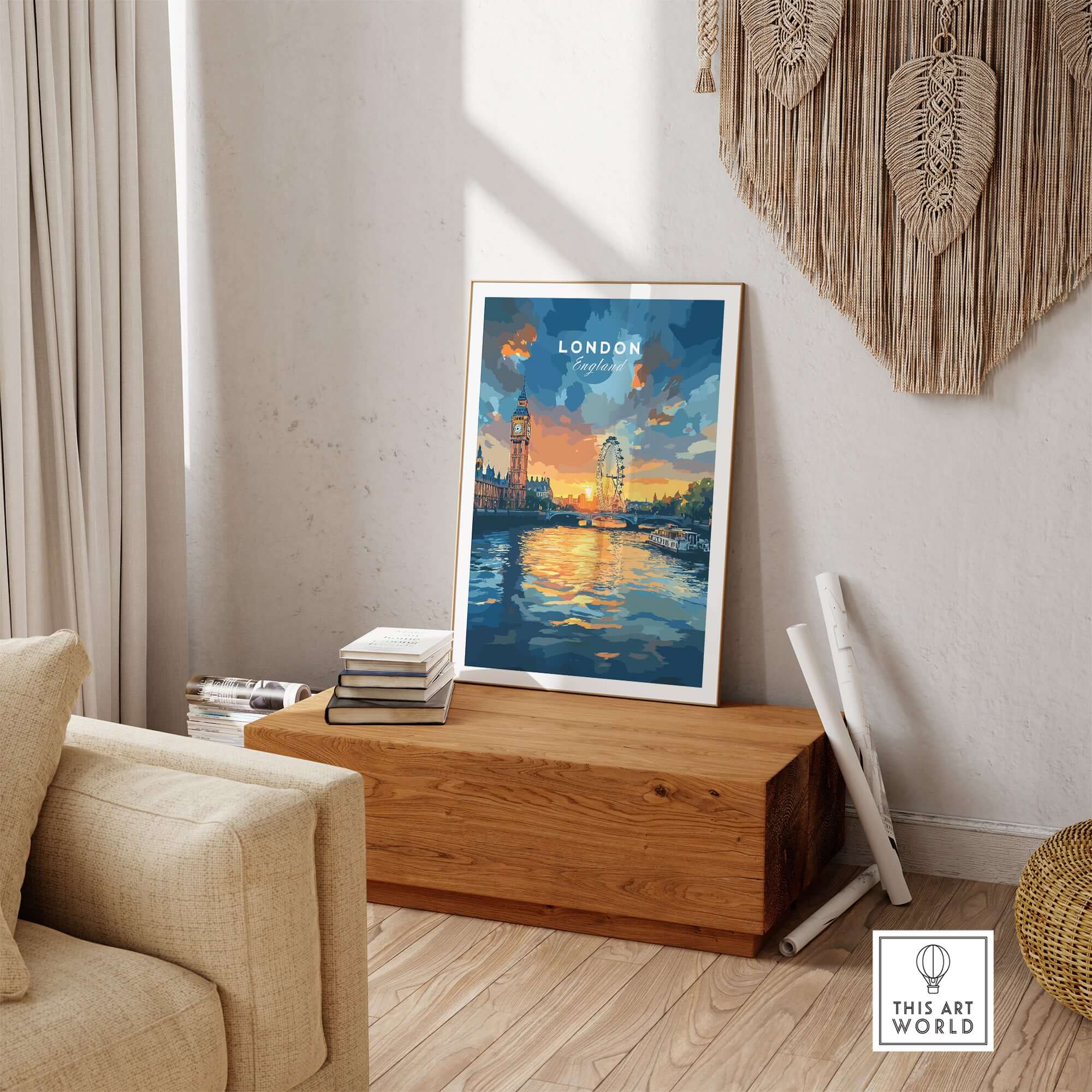 London Skyline Poster | Sunset Cityscape Wall Art Print displayed in a cozy living room setting.