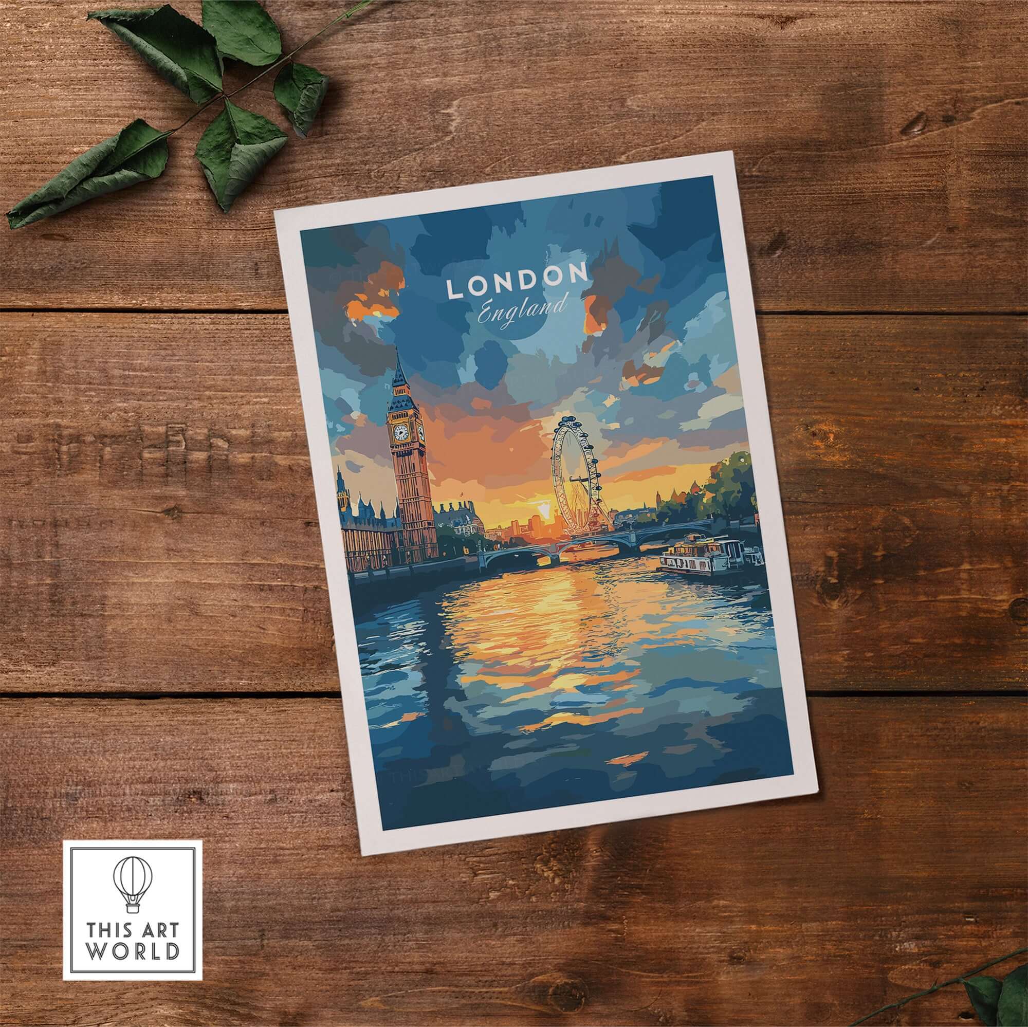 London Skyline Poster | Sunset Cityscape Wall Art Print featuring Big Ben, London Eye and the Thames at sunset.