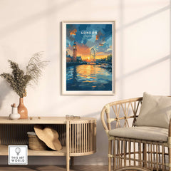 London Skyline Poster | Sunset Cityscape Wall Art Print showcasing Big Ben and the London Eye at sunset.