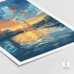 London Skyline Poster | Sunset Cityscape Wall Art Print featuring the Thames and London Eye at sunset.