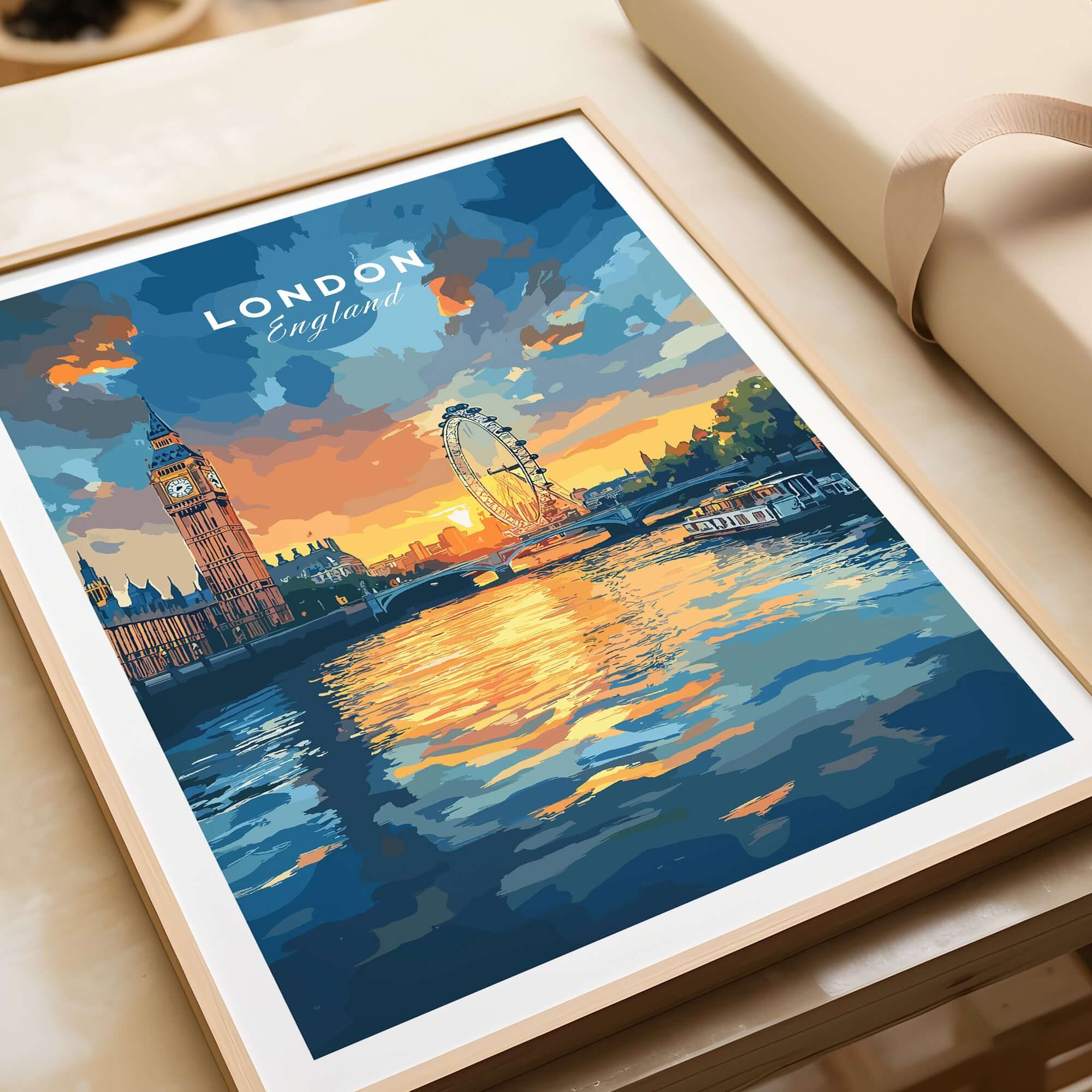 London Skyline Poster | Sunset Cityscape Wall Art Print featuring Big Ben and the London Eye at sunset over the Thames.