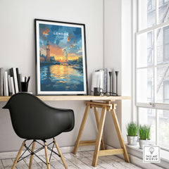 London Skyline Poster | Sunset Cityscape Wall Art Print displayed in a modern workspace with vibrant colors.