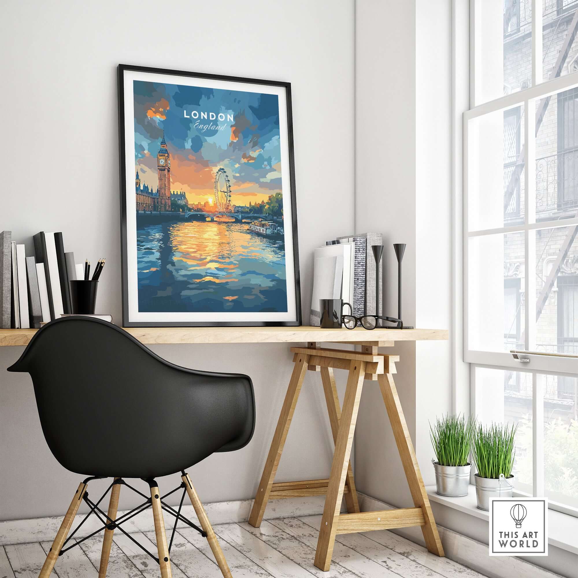 London Skyline Poster | Sunset Cityscape Wall Art Print displayed in a modern workspace with vibrant colors.