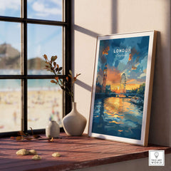 London Skyline Poster | Sunset Cityscape Wall Art Print displayed in a cozy interior setting by a window.