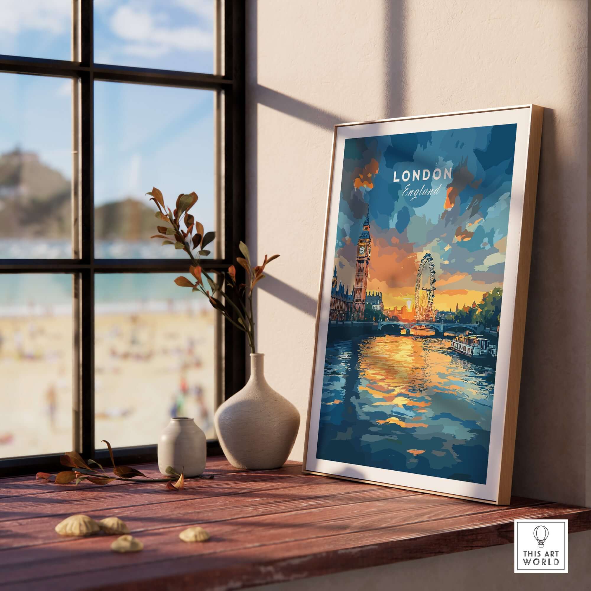 London Skyline Poster | Sunset Cityscape Wall Art Print displayed in a cozy interior setting by a window.