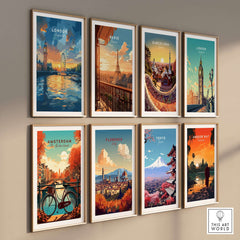 London Skyline Poster | Sunset Cityscape Wall Art Print displayed in a collection of vibrant cityscape art prints.