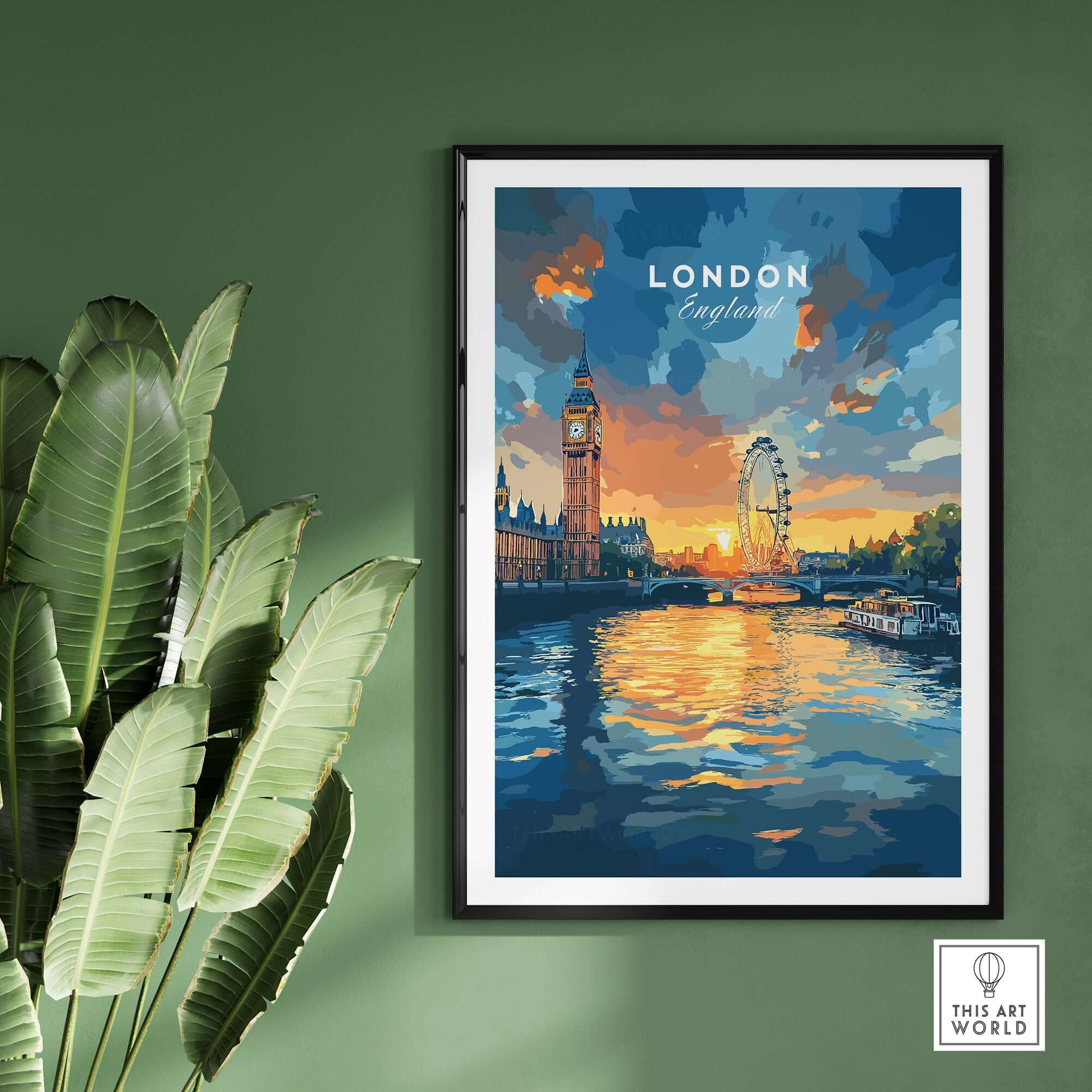 London Skyline Poster | Sunset Cityscape Wall Art Print featuring Big Ben, London Eye, and a vibrant sunset over the Thames.