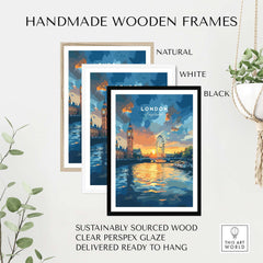 London Skyline Poster | Sunset Cityscape Wall Art Print in handmade wooden frames natural white black options