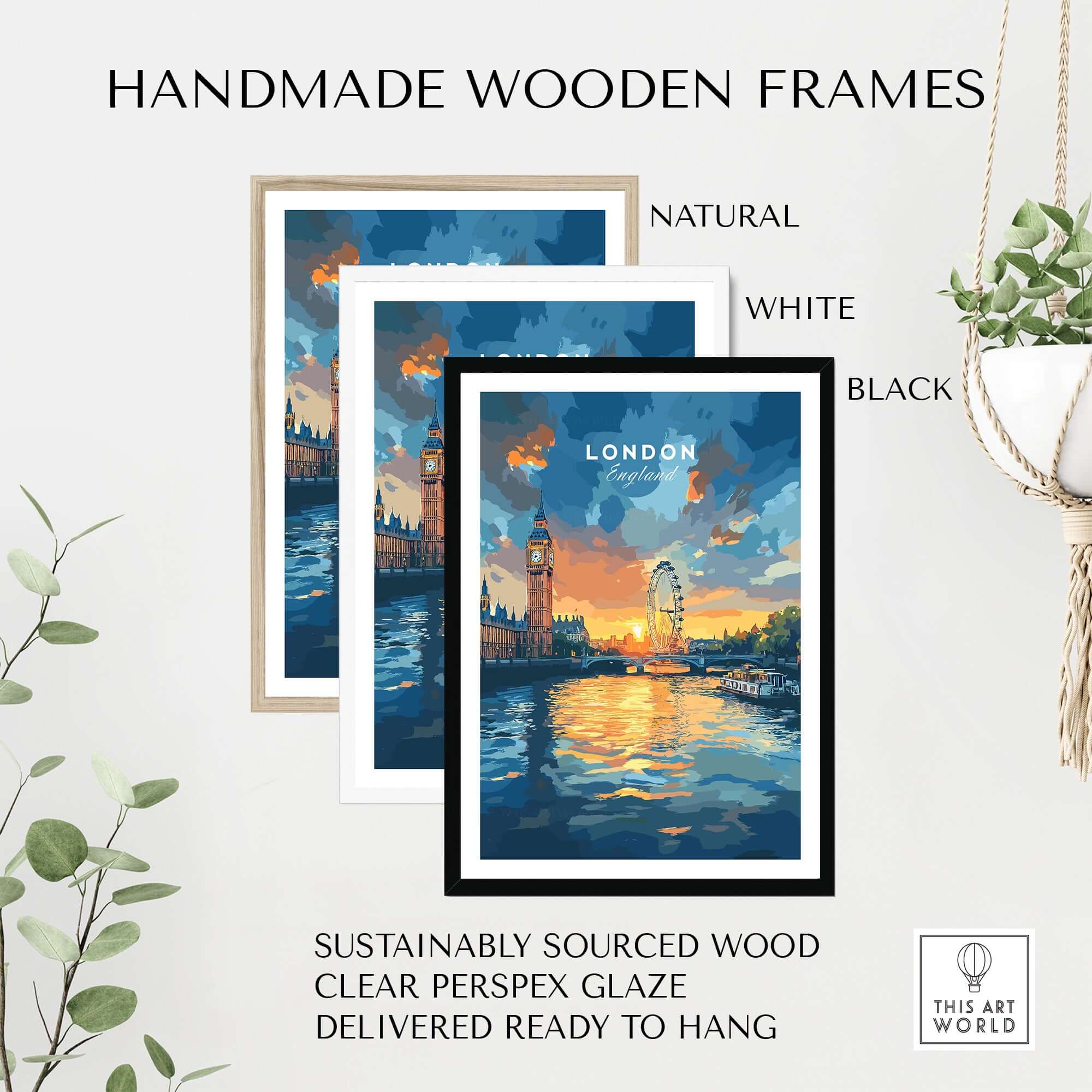 London Skyline Poster | Sunset Cityscape Wall Art Print in handmade wooden frames natural white black options