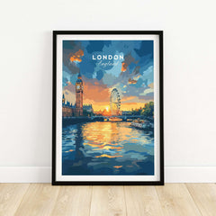 London Skyline Poster | Sunset Cityscape Wall Art Print featuring Big Ben and the London Eye over the Thames.