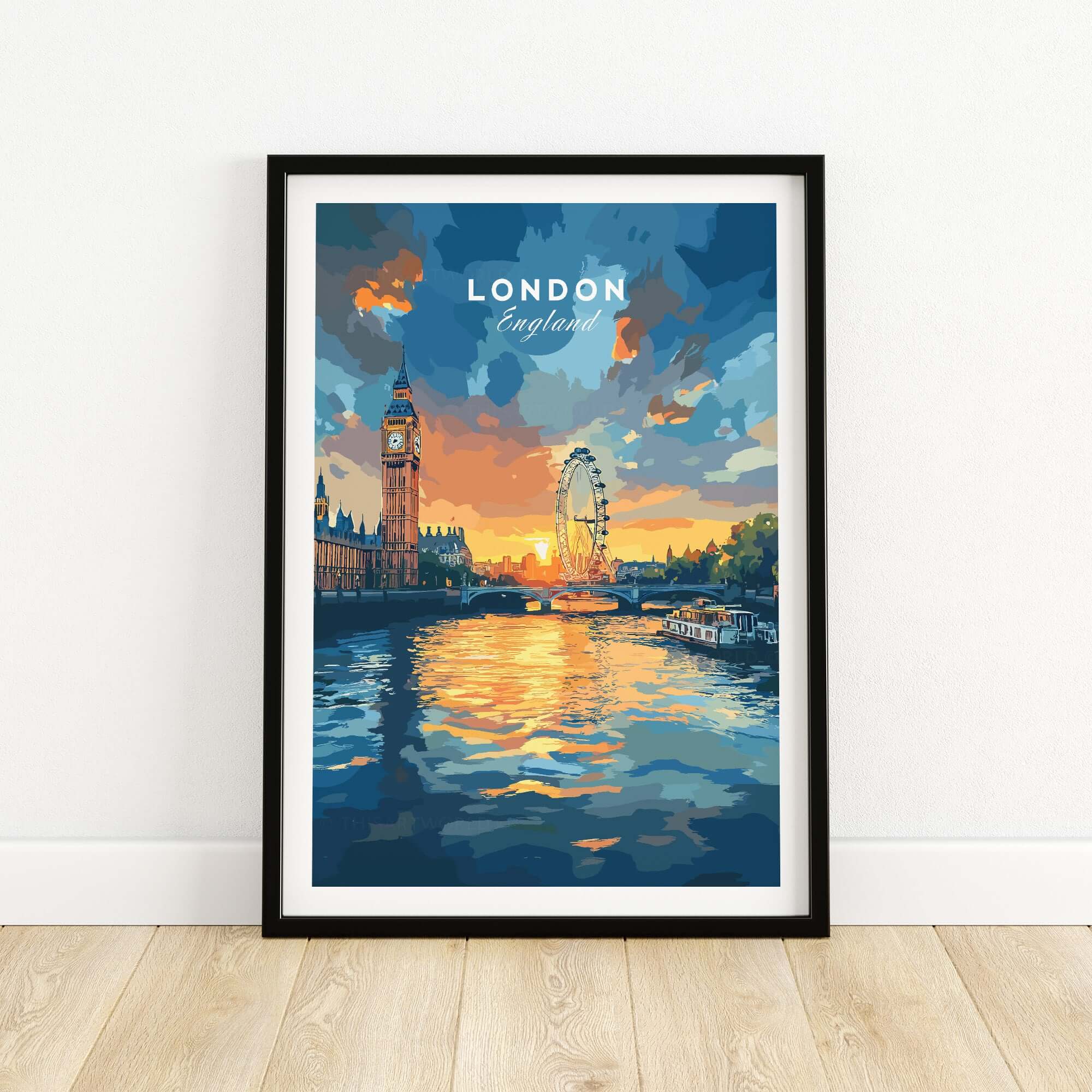London Skyline Poster | Sunset Cityscape Wall Art Print featuring Big Ben and the London Eye over the Thames.