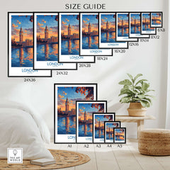 London Skyline Wall Art | Thames River & Parliament Print size guide featuring various frame sizes.