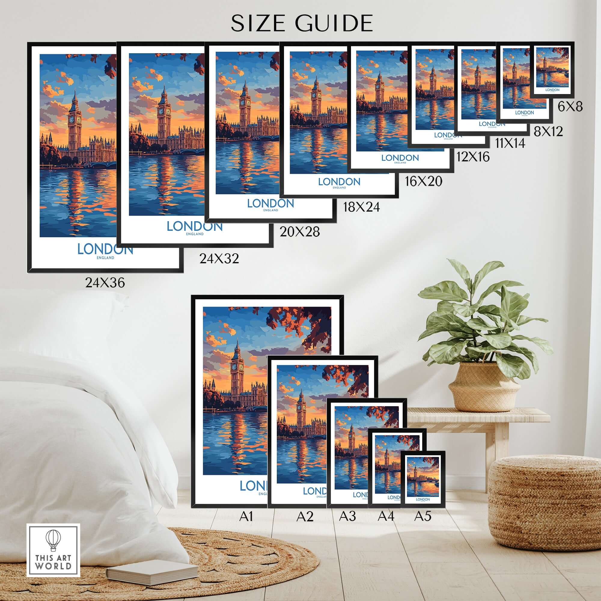 London Skyline Wall Art | Thames River & Parliament Print size guide featuring various frame sizes.