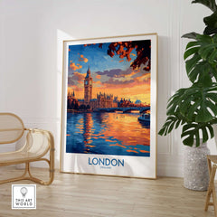 London Skyline Wall Art | Thames River & Parliament Print showcasing Big Ben at sunset.