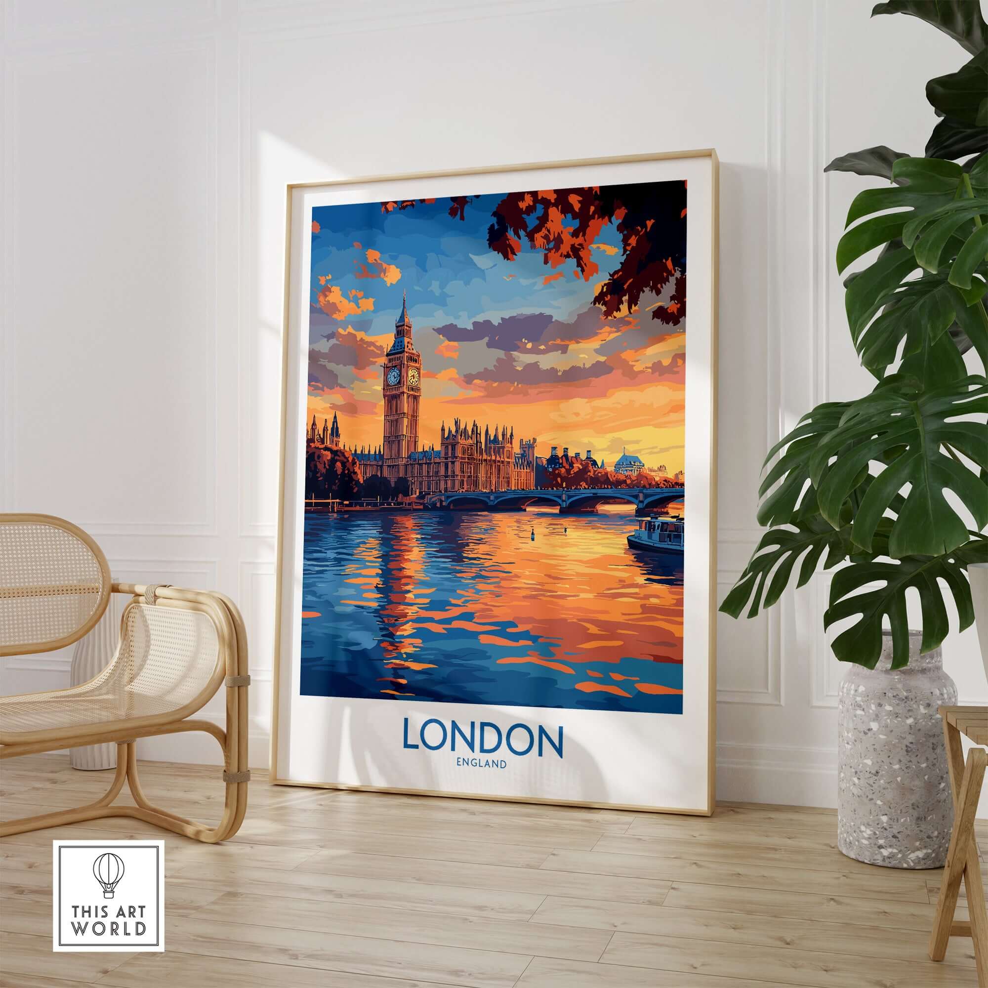 London Skyline Wall Art | Thames River & Parliament Print showcasing Big Ben at sunset.
