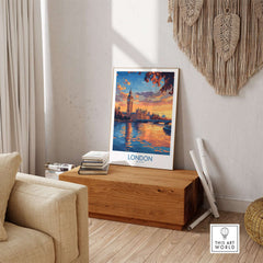 London Skyline Wall Art | Thames River & Parliament Print displayed in a living room setting with a wooden table.