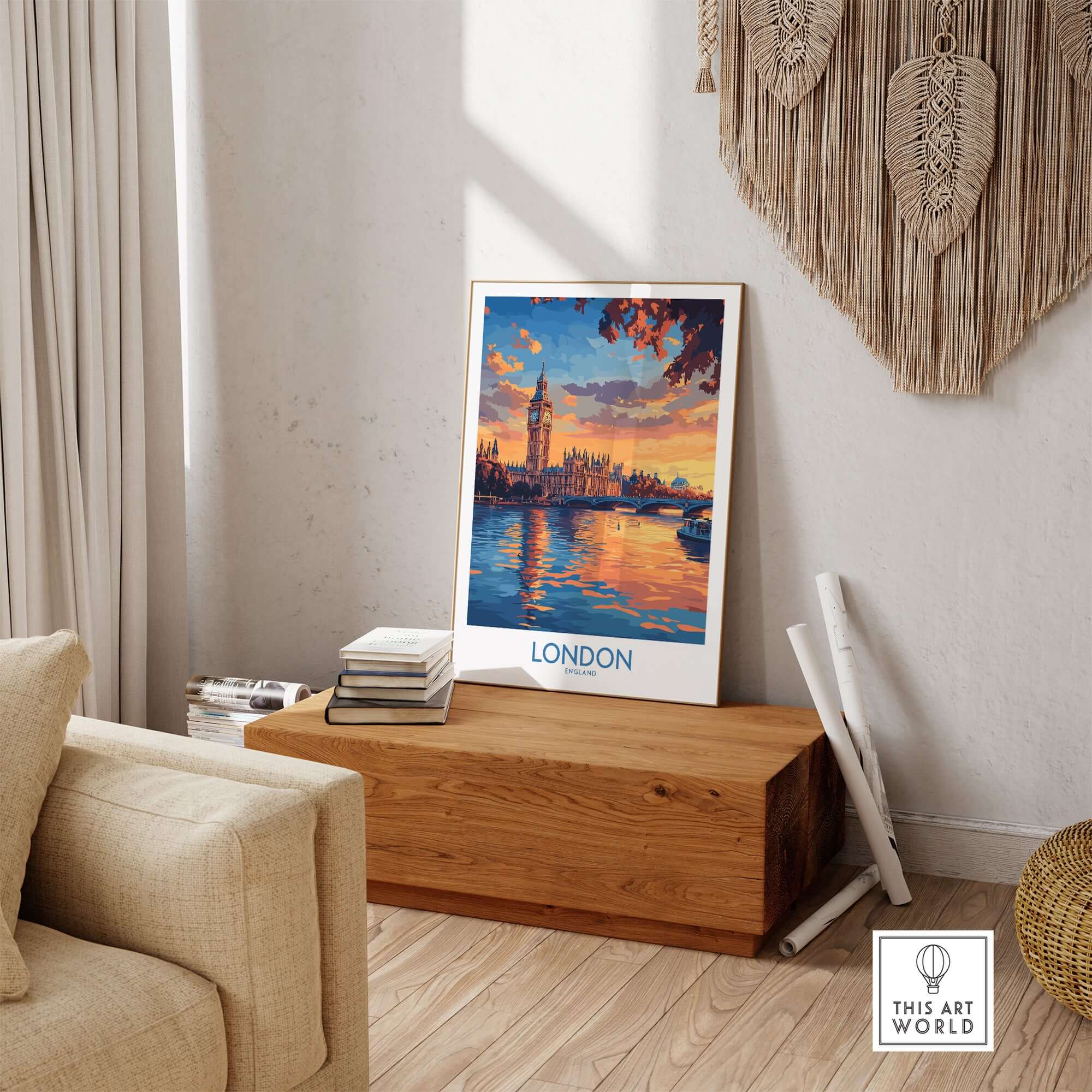 London Skyline Wall Art | Thames River & Parliament Print displayed in a living room setting with a wooden table.