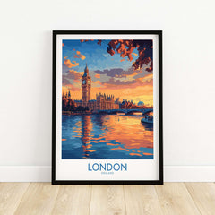 London Skyline Wall Art | Thames River & Parliament Print showcasing Big Ben and sunset reflections