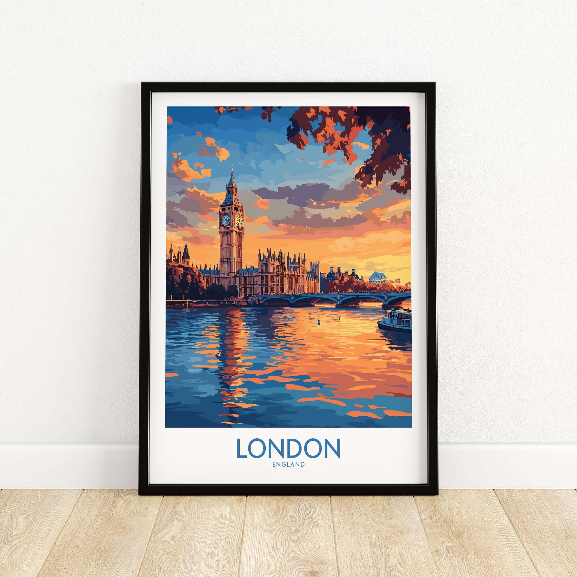 London Skyline Wall Art | Thames River & Parliament Print showcasing Big Ben and sunset reflections