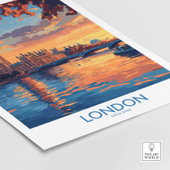 London Skyline Wall Art | Thames River & Parliament Print showcasing vibrant sunset reflections.