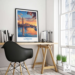 London Skyline Wall Art | Thames River & Parliament Print in a stylish interior setting with a desk and a view.
