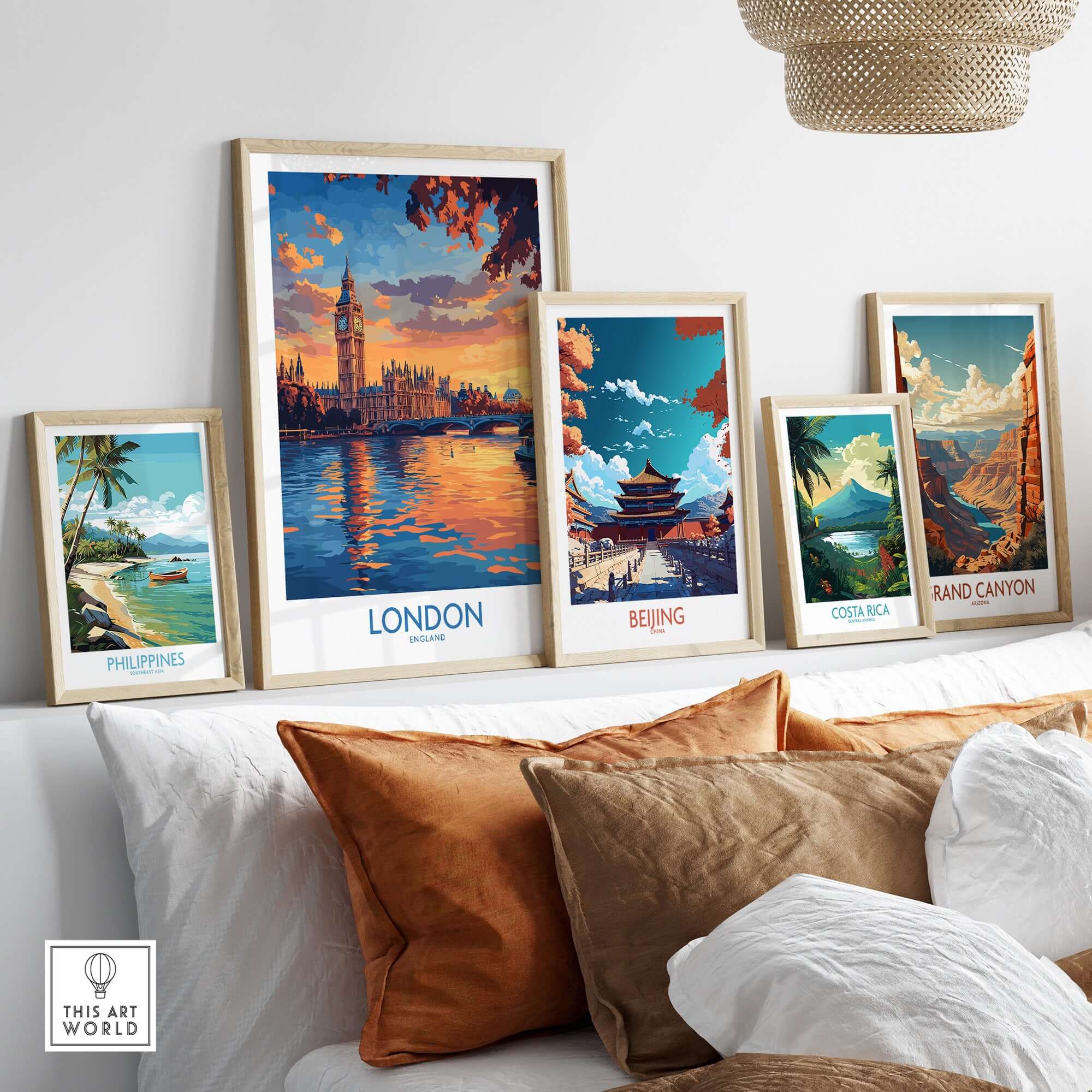 London Skyline Wall Art | Thames River & Parliament Print displayed among other travel-themed art prints.
