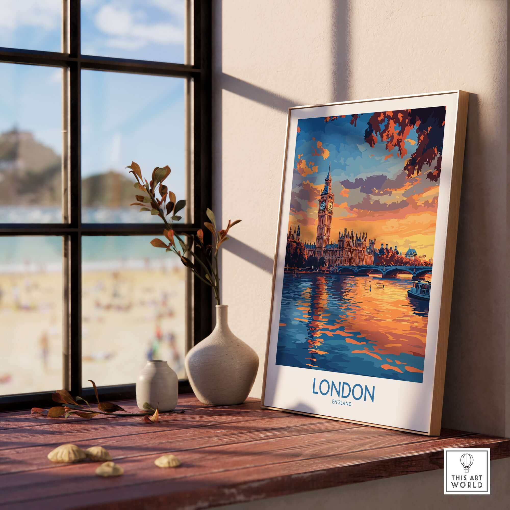 London Skyline Wall Art | Thames River & Parliament Print displayed in a cozy interior setting.