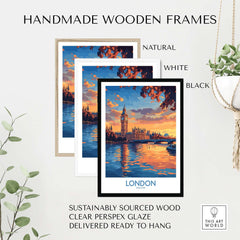 Handmade wooden frames for London Skyline Wall Art | Thames River & Parliament Print in natural, white, and black finishes.