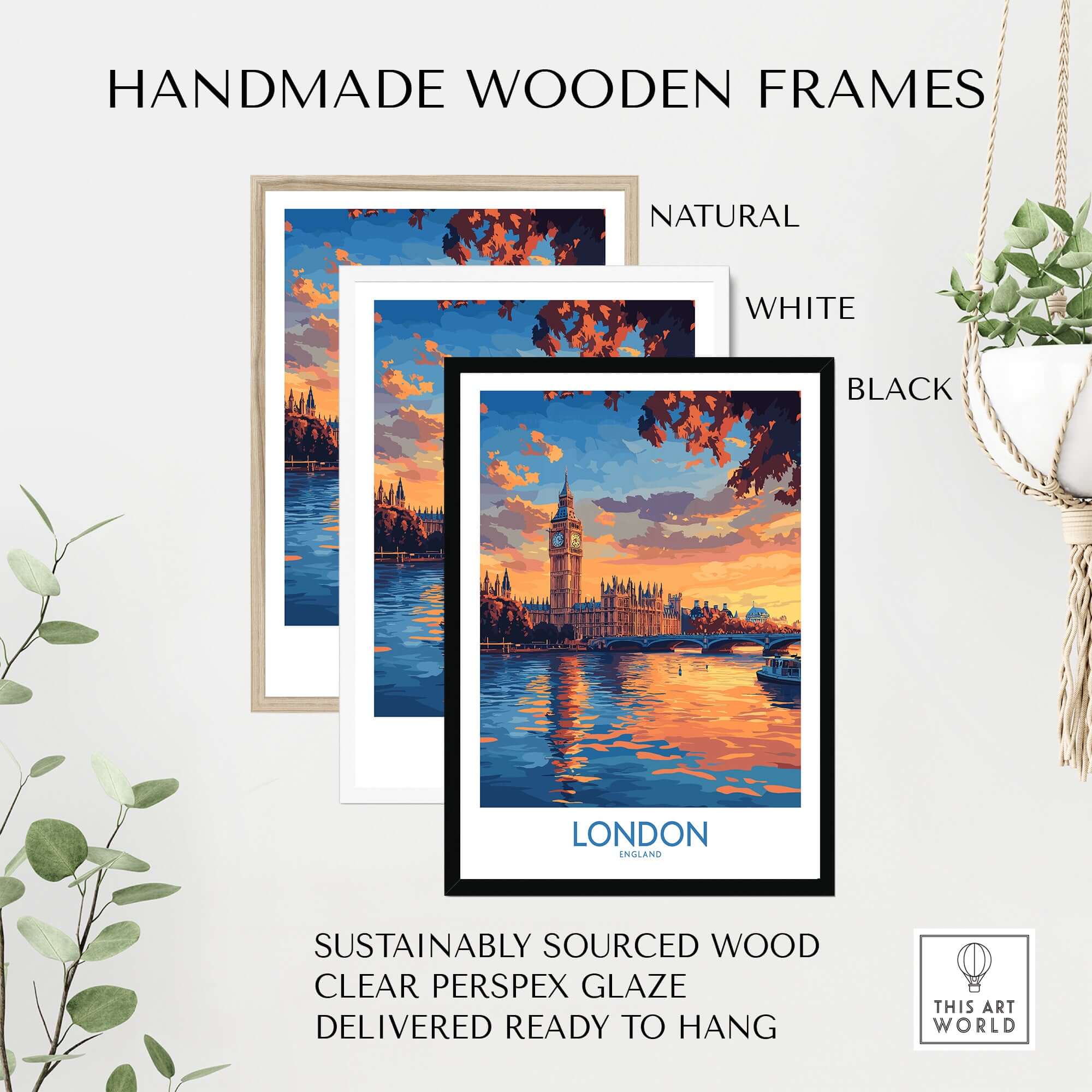 Handmade wooden frames for London Skyline Wall Art | Thames River & Parliament Print in natural, white, and black finishes.